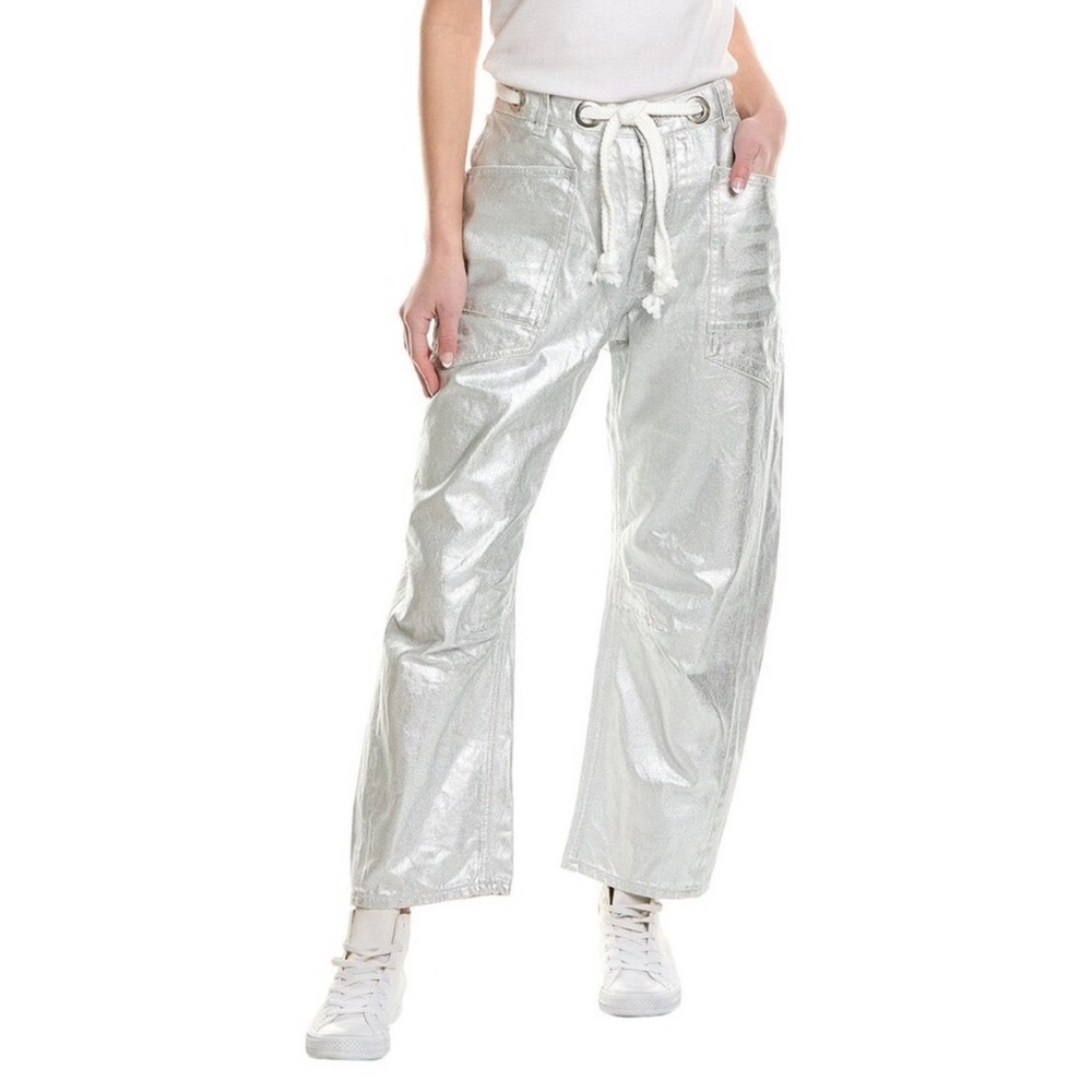 NEW Free People Moxie Metallic Low-Slung Barrel
Jeans Pinball Silver SIZE 25‎